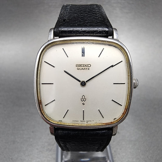 Seiko Watch Men 30mm White Dial Silver Tone Rectangle 7820-5050 New Battery VTG