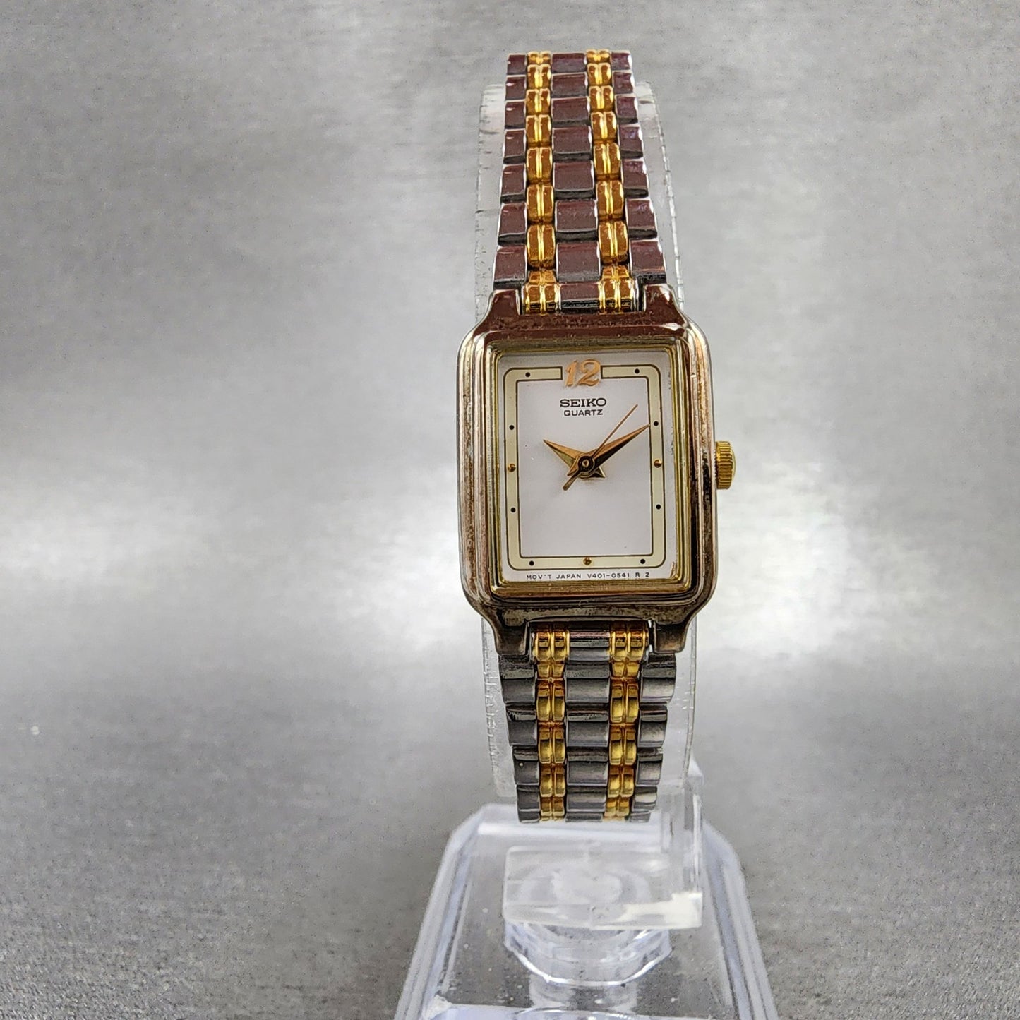 Seiko Tank Watch Women 18mm White Dial Two Tone Rectangle V4015129 New Battery5