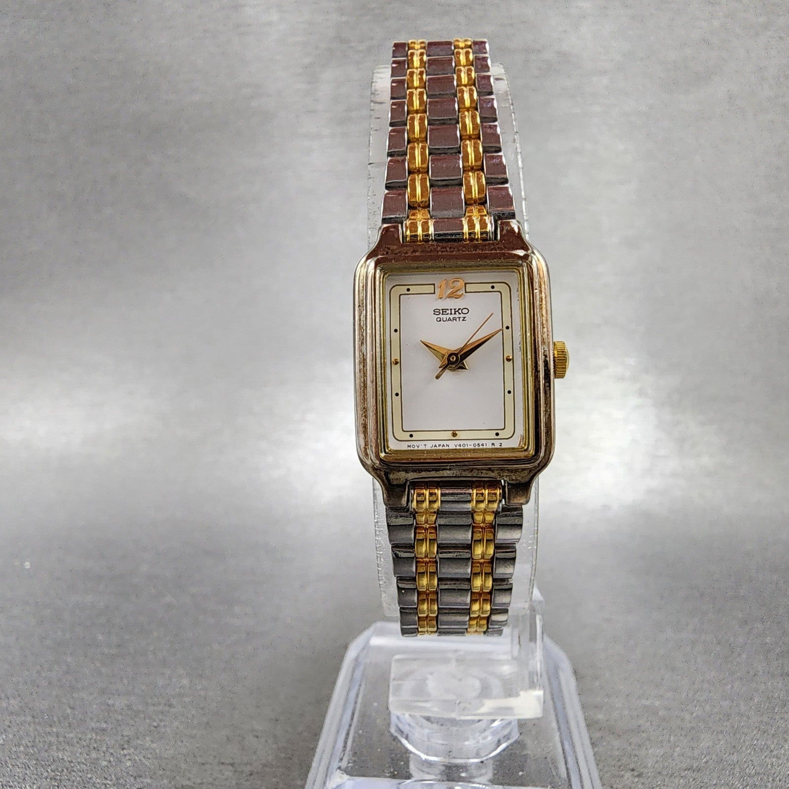 Seiko Tank Watch Women 18mm White Dial Two Tone Rectangle V4015129 New Battery5