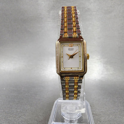 Seiko Tank Watch Women 18mm White Dial Two Tone Rectangle V4015129 New Battery5
