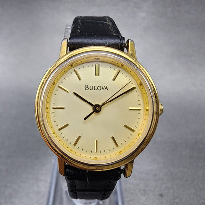 VTG Bulova Watch Women 26mm Gold Dial Gold Tone Round Leather Band New Battery0