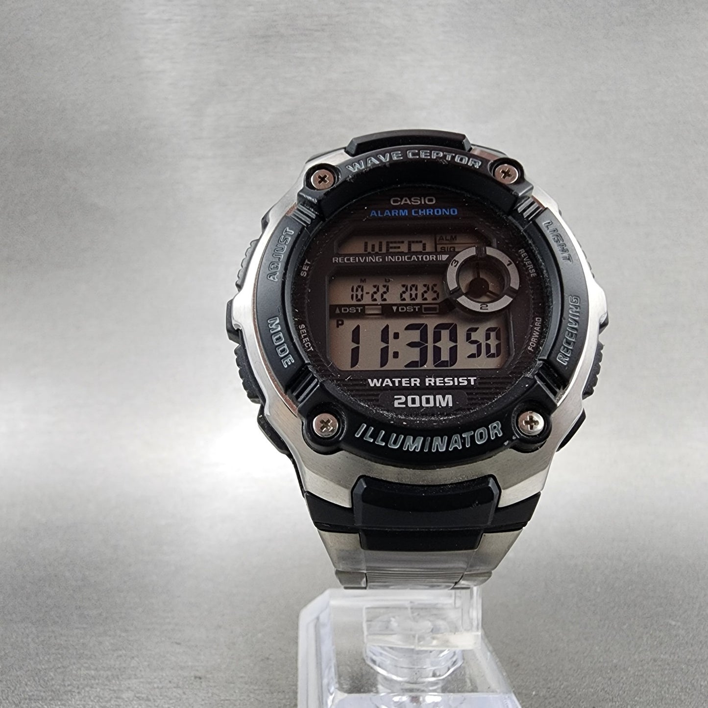 Casio Waveceptor Watch Men 48mm Digital Black Silver Alarm Chrono WV200 New Bat5