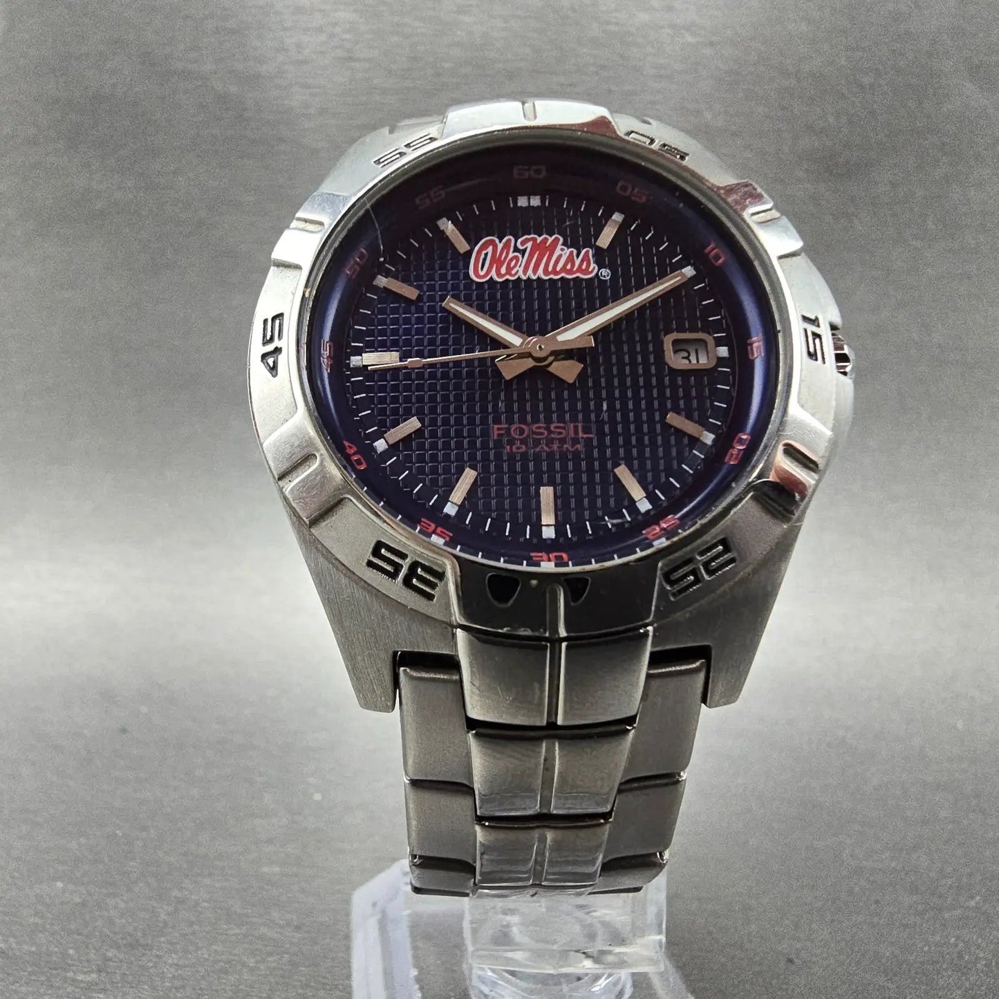 Fossil Ole Miss Dive Watch Men 40mm Blue Dial Silver Tone Date LI-2954 New Batt5
