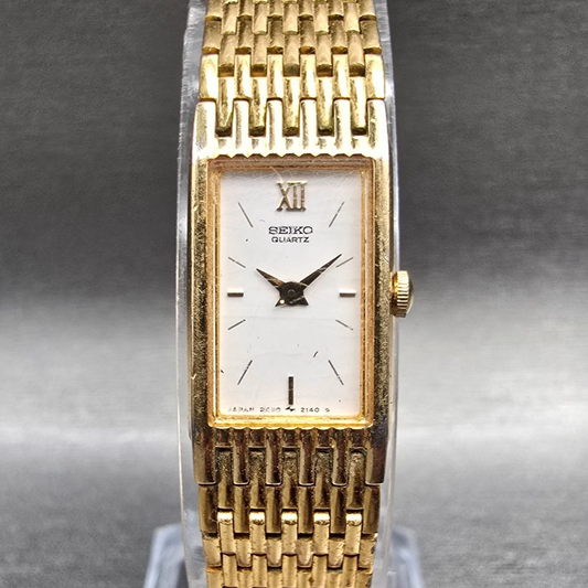 Seiko Watch Women 13mm White Dial Gold Tone Rectangle 2E20-6709 New Battery0