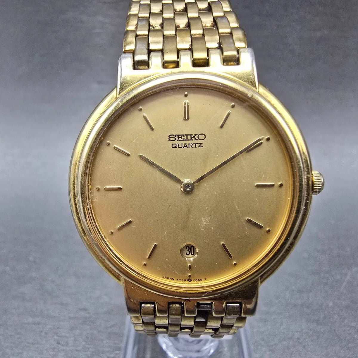 Seiko Watch Men 24mm Gold Dial Gold Tone Round Date 5Y39-6040 VTGPARTS0