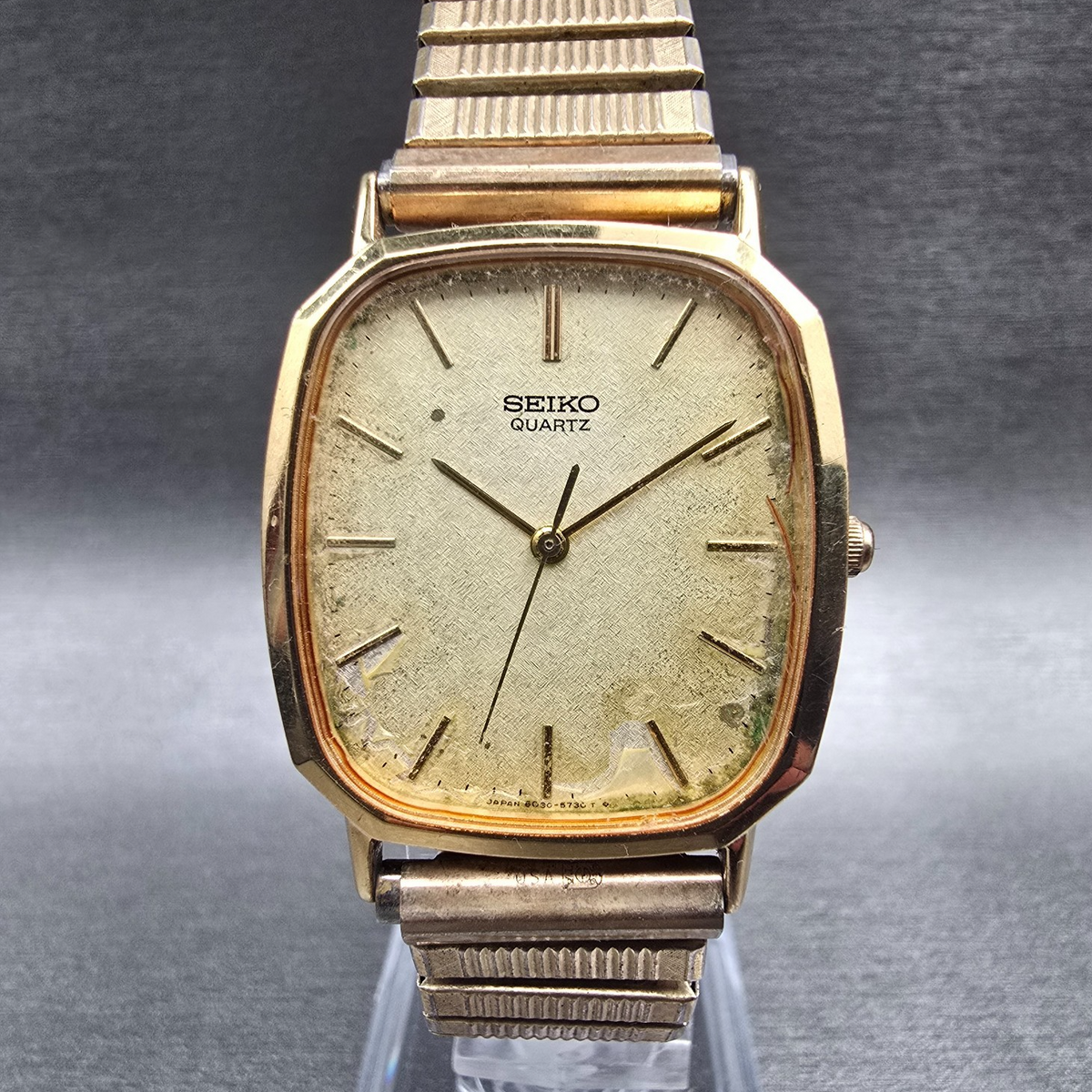 Seiko Watch Men 28mm Champagne Dial Gold Tone Rectangle 6030-5640 New Battery0