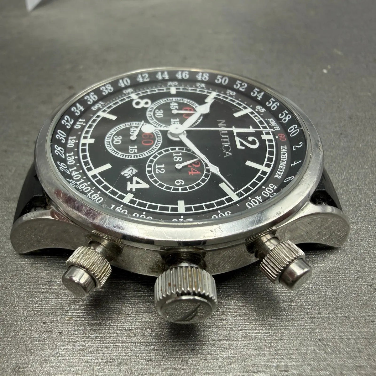 Nautica NSR-01 Chronograph Watch Men 44mm Black Dial Steel Date READ!!! New Batt5