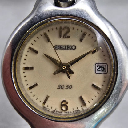 Seiko SQ Watch Women 25mm Cream Dial Silver Tone Date Round 7N82-6D20 New Batt1