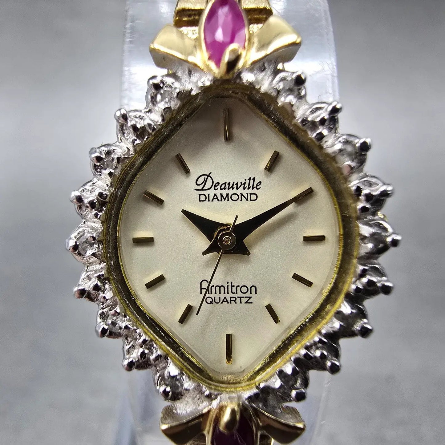 Armitron Deauville Diamond Watch Women 15mm Gold Dial Gold Ruby Oval New Battery1