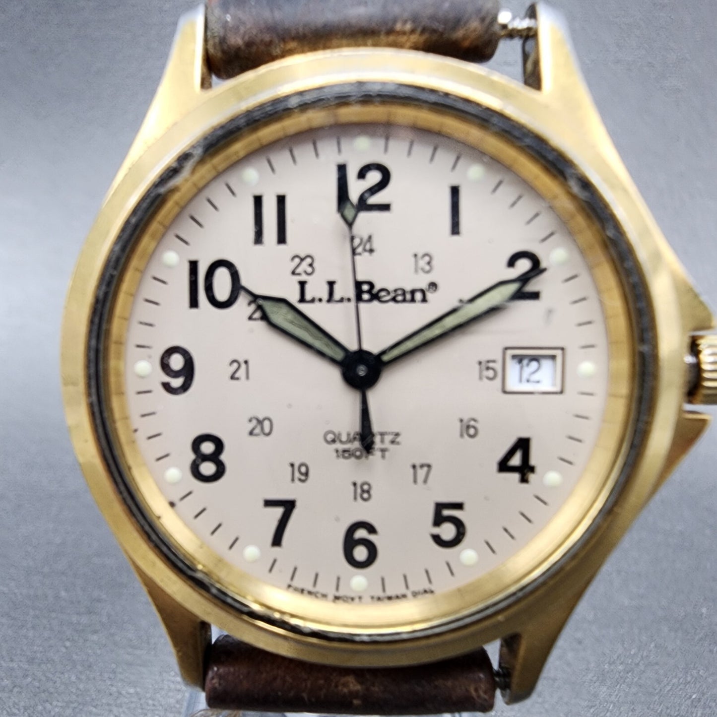 LL Bean Field Watch Men 34mm Gray Dial Gold Tone Date Round New Battery A12 VTG1