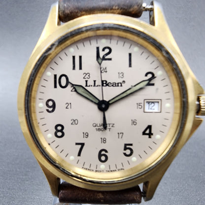 LL Bean Field Watch Men 34mm Gray Dial Gold Tone Date Round New Battery A12 VTG1