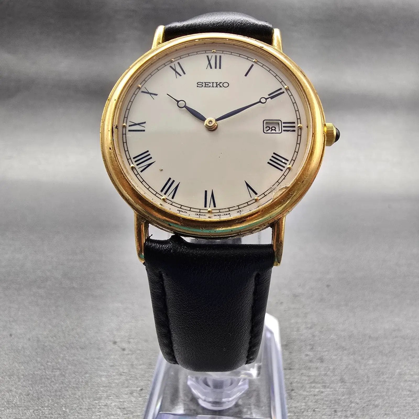 Seiko Watch Men 34mm Ivory Dial Gold Tone Date Round 7N39-0A19 New Battery VTG5