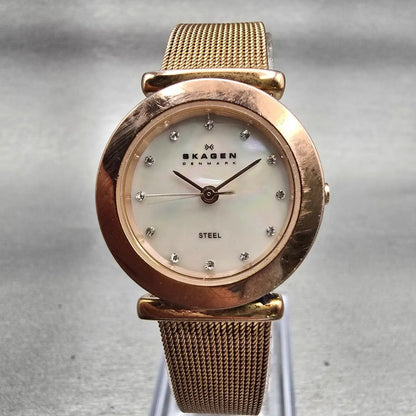 Skagen Denmark Watch Women 25mm MOP Dial Rose Gold Tone 107SRRD New Battery0