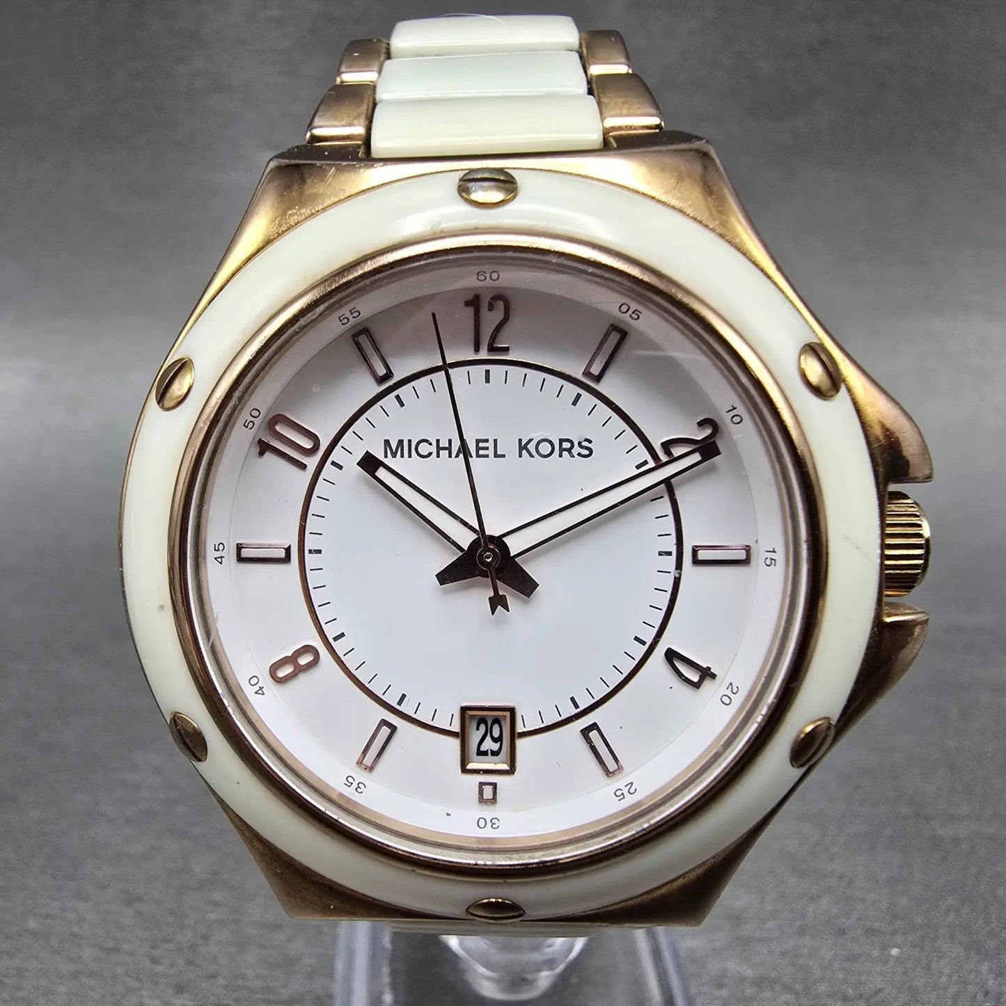 Michael Kors Watch Women 42mm White Dial Rose Gold Tone Date MK-5261 New Battery0