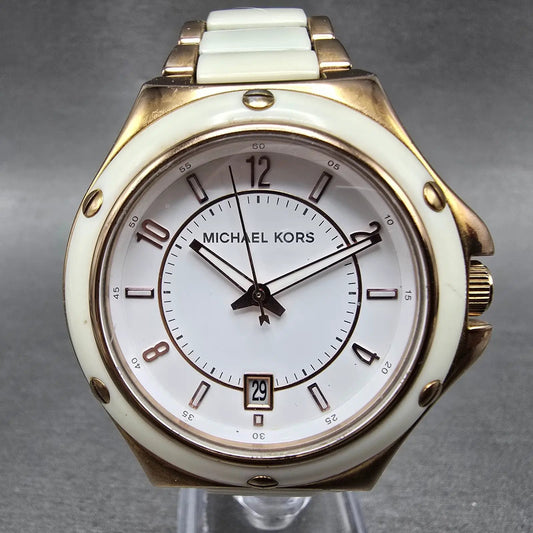 Michael Kors Watch Women 42mm White Dial Rose Gold Tone Date MK-5261 New Battery0