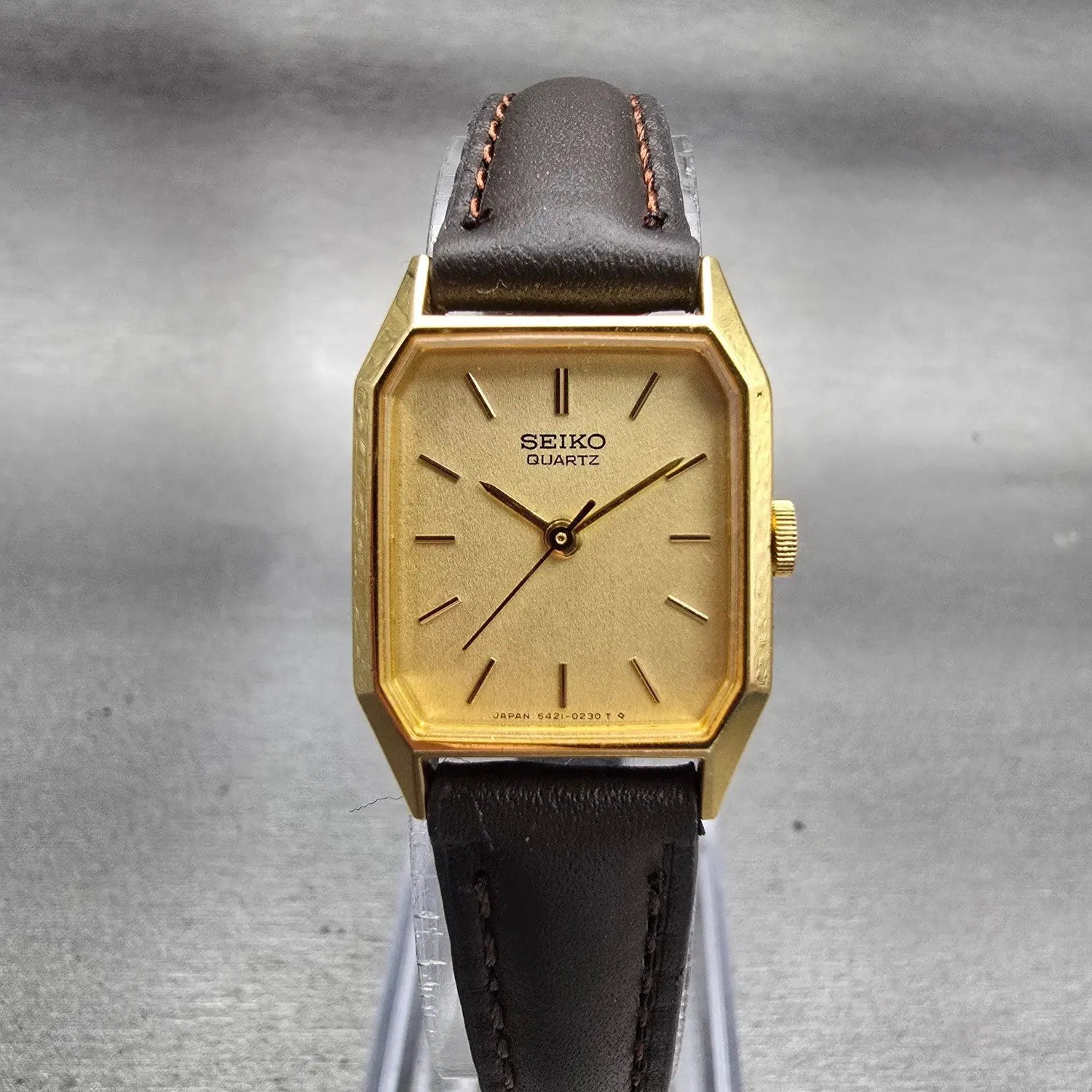 Seiko Watch Women 19mm Champagne Dial Gold Tone Rectangle 5421-5110 New Battery0