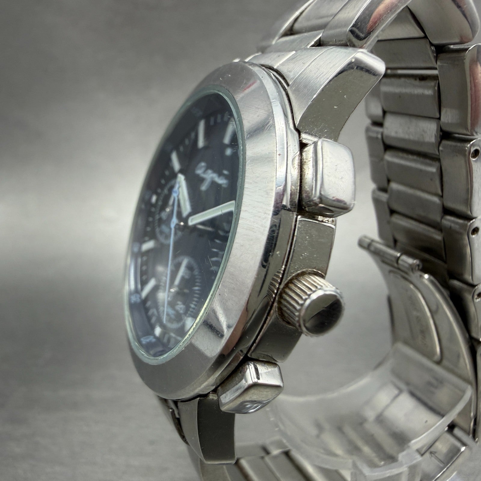 Seiko Anges B Chronograph Watch Men 38mm Blue Dial Steel Round V654-0A10 Newbatt2