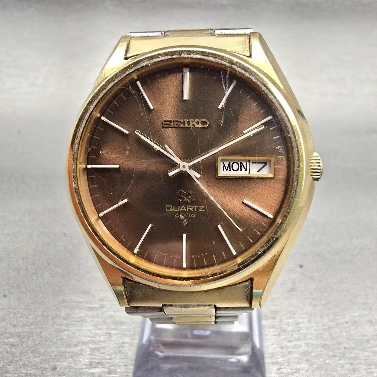 Seiko SQ Watch Men 36mm Brown Dial Gold Tone Daydate Round 0903-8159 New Battery0