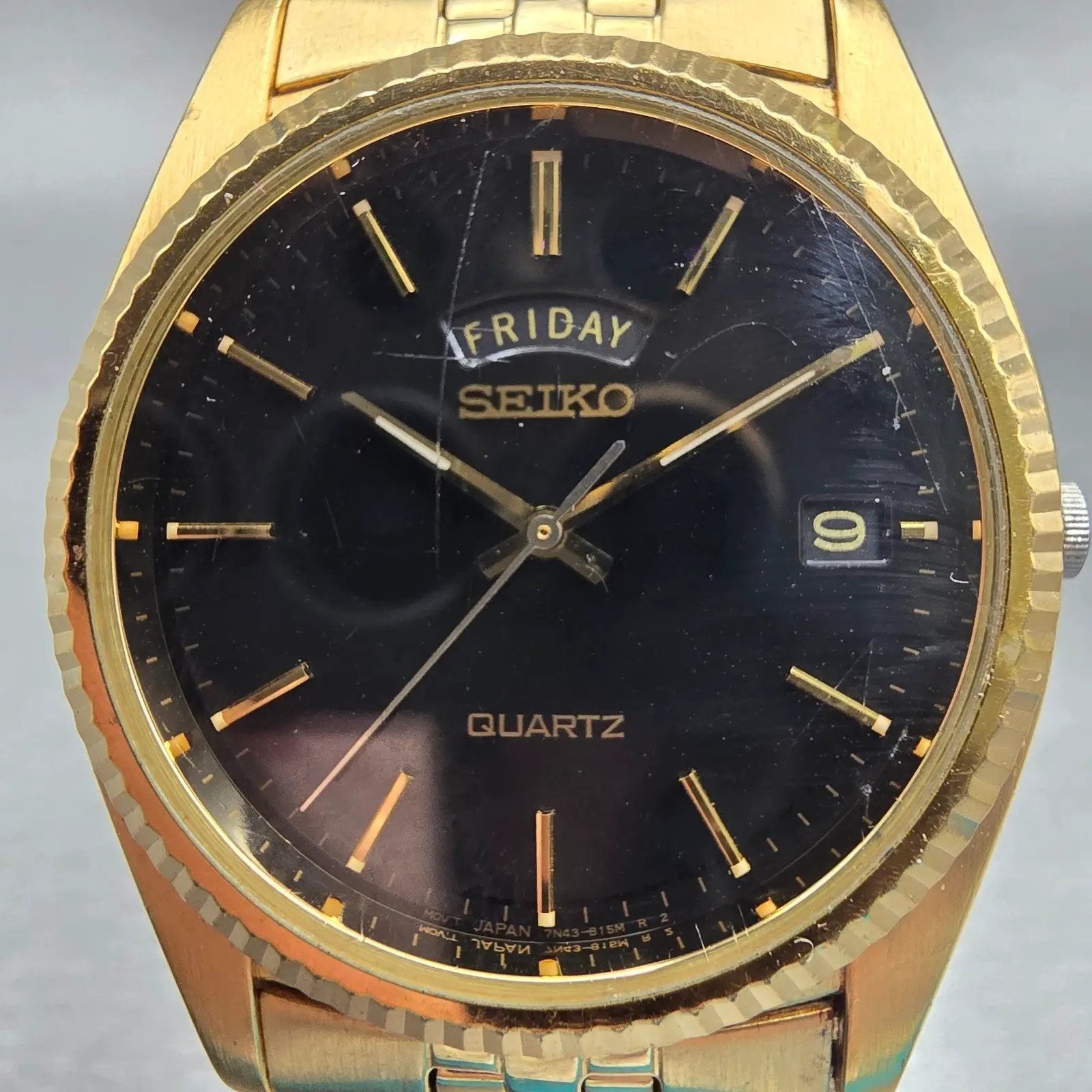 Seiko President Watch Men 36mm Black Dial Gold Tone Daydate 7N43-8111 NewBattery1