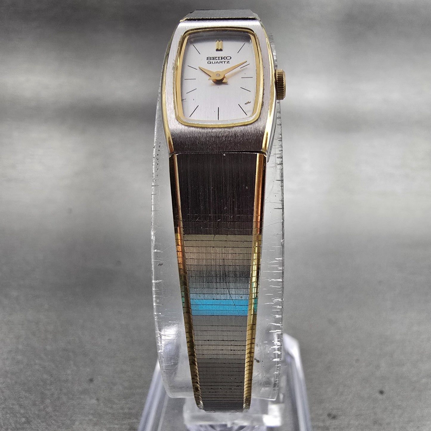 Seiko Watch Women 13mm Silver Dial Two Tone Rectangle 2E20-5139 New Battery VTG5
