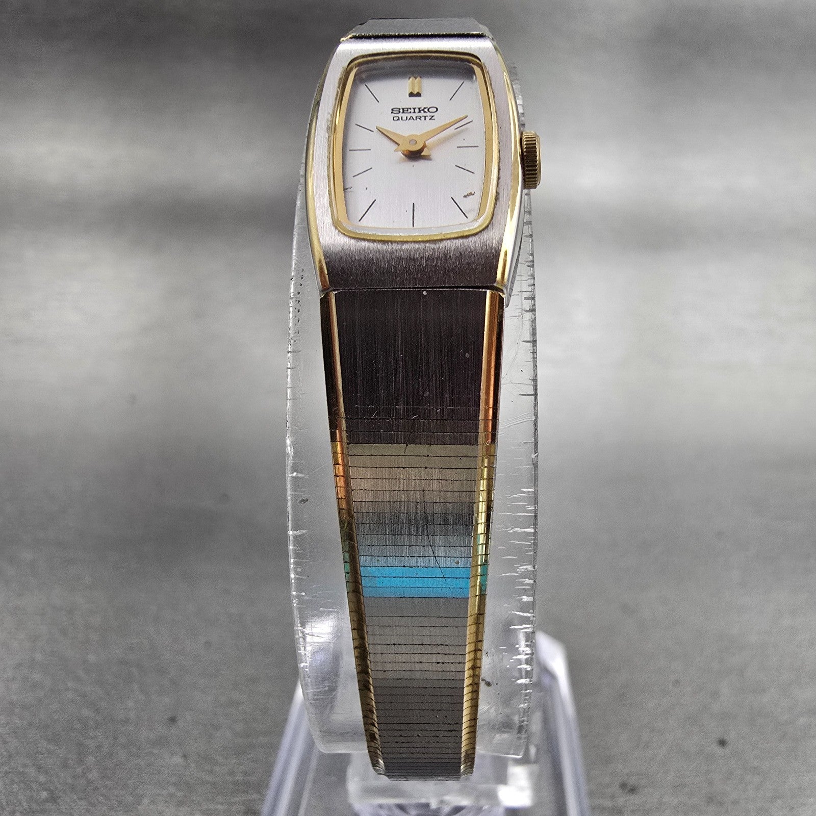 Seiko Watch Women 13mm Silver Dial Two Tone Rectangle 2E20-5139 New Battery VTG5