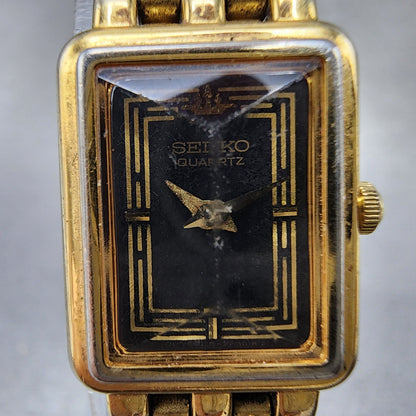 Seiko Tank Watch Women 16mm Black Dial Gold Tone Rectangle 1n005f50 New Battery1