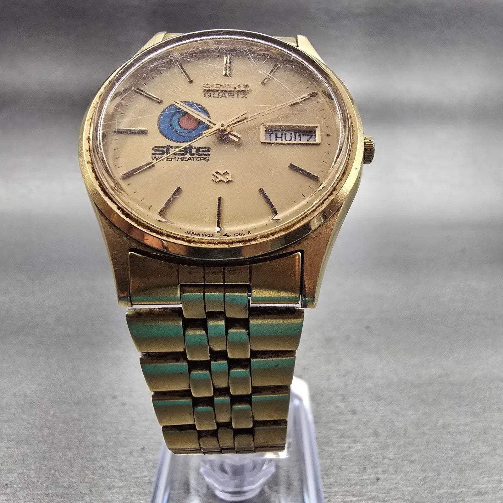 Seiko SQ Watch Men 34mm Gold Dial Gold Tone Daydate Round 5H23-7009 New Battery5