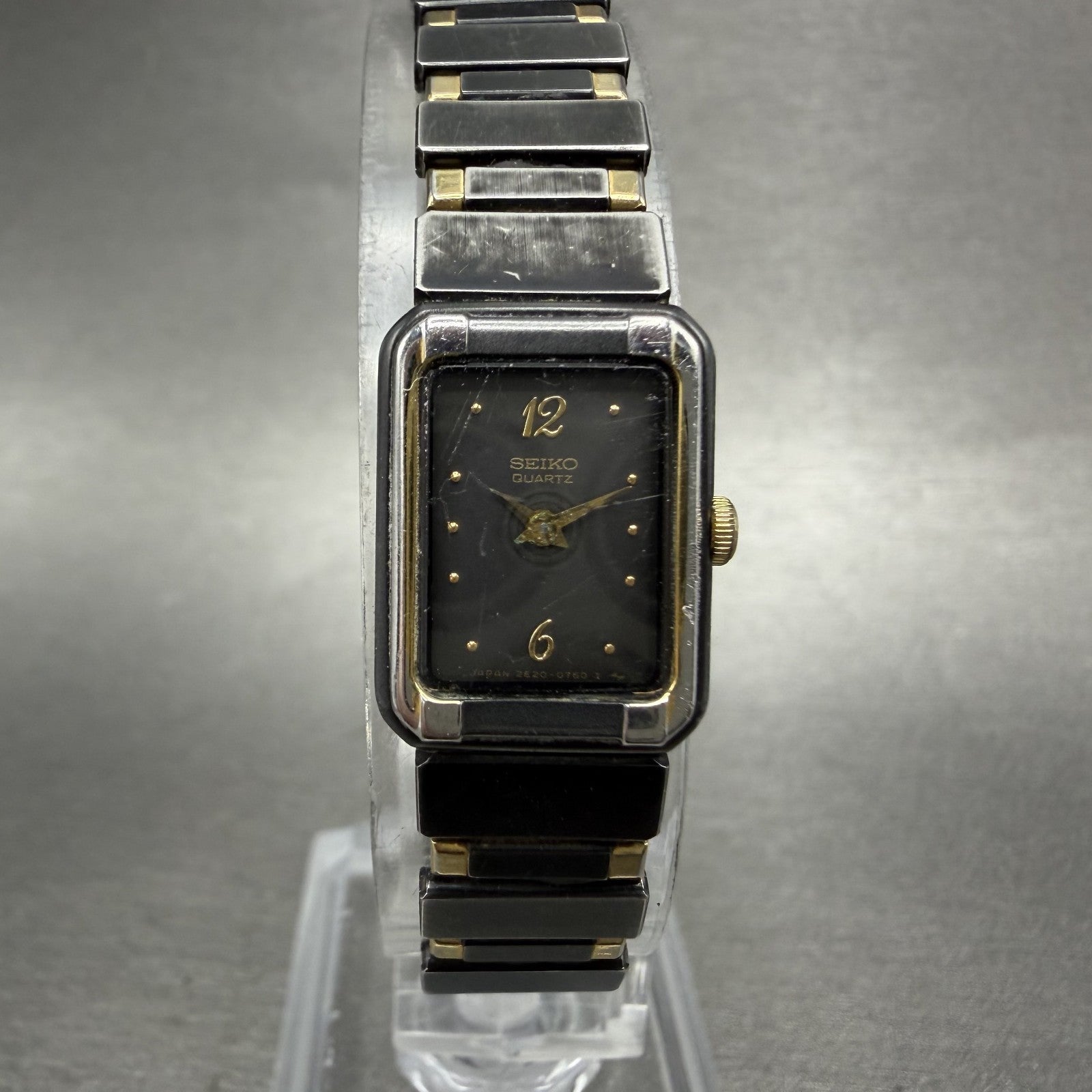 Seiko Tank Watch Women 14mm Black Dial Black & Gold Tone 2E20-5590 New Battery A0