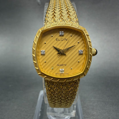 Elgin Watch Women 22mm Gold Dial Gold Tone Rectangle FK267 New Battery VTG ABC0