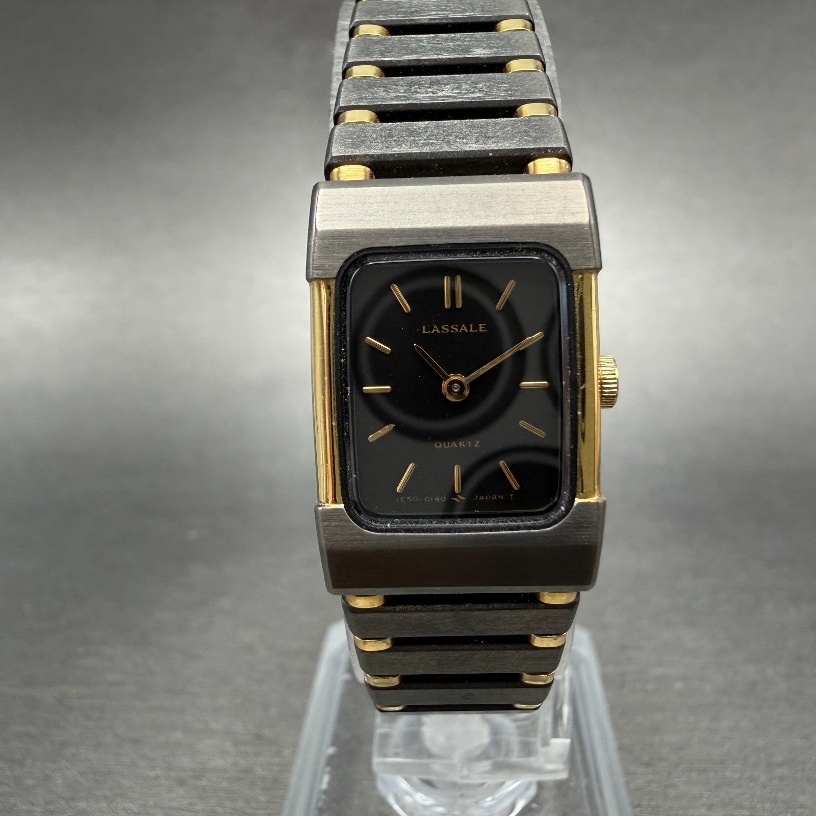 Seiko Lassale Tank Watch Women 16mm Black Dial Gray & Gold Rectangle 1E50 NOS0