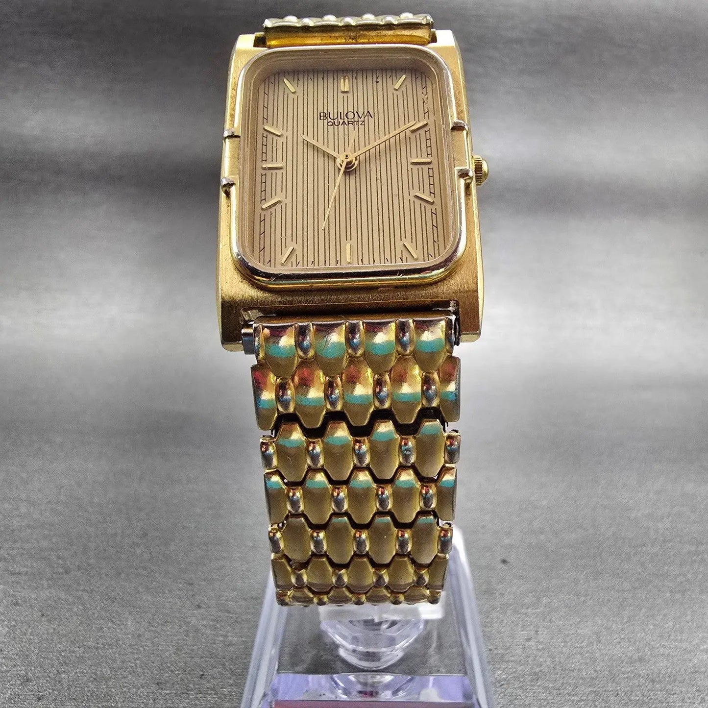Bulova Watch Men 25mm Gold Dial Gold Tone Rectangle New Battery Vintage 92A405