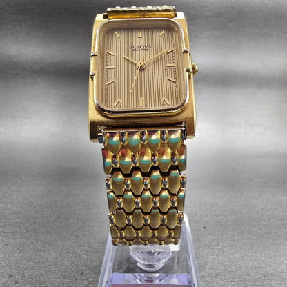 Bulova Watch Men 25mm Gold Dial Gold Tone Rectangle New Battery Vintage 92A405