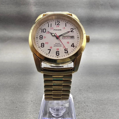 Pulsar Railroad Approved Watch Men 37mm White Dial Gold Tone Daydate New Battery5