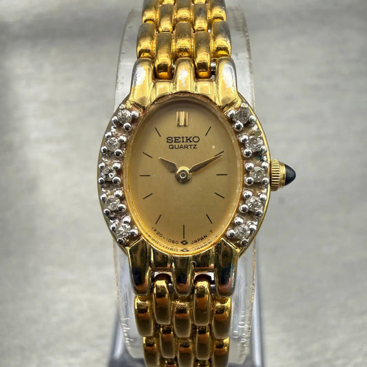 Seiko Watch Women 16mm Gold Dial Gold Tone Gemmed Oval 1F20-5G19 New Battery VTG0