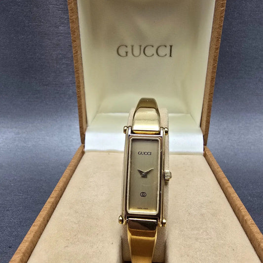 Gucci 1500L Tank Watch Women 13mm Champagne Dial Gold Tone Rectangle New Bat Box0