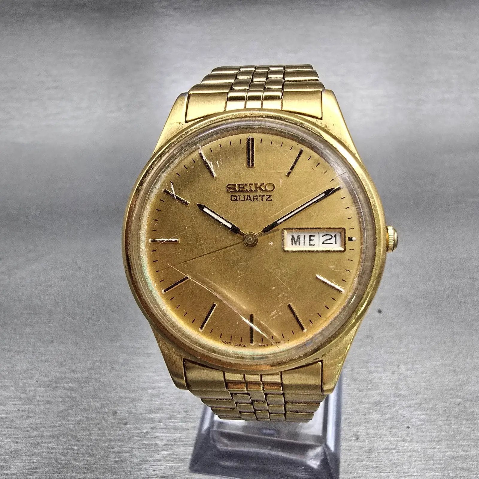Seiko Watch Men 35mm Gold Dial Gold Tone Daydate Round 7N43-8A39 New Battery VTG0