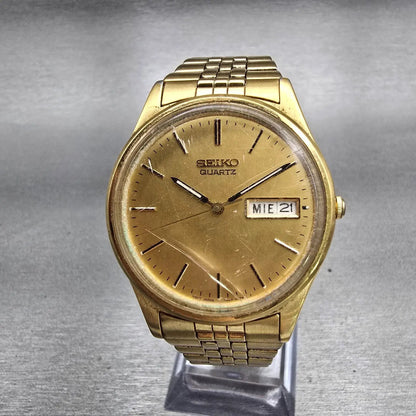 Seiko Watch Men 35mm Gold Dial Gold Tone Daydate Round 7N43-8A39 New Battery VTG0