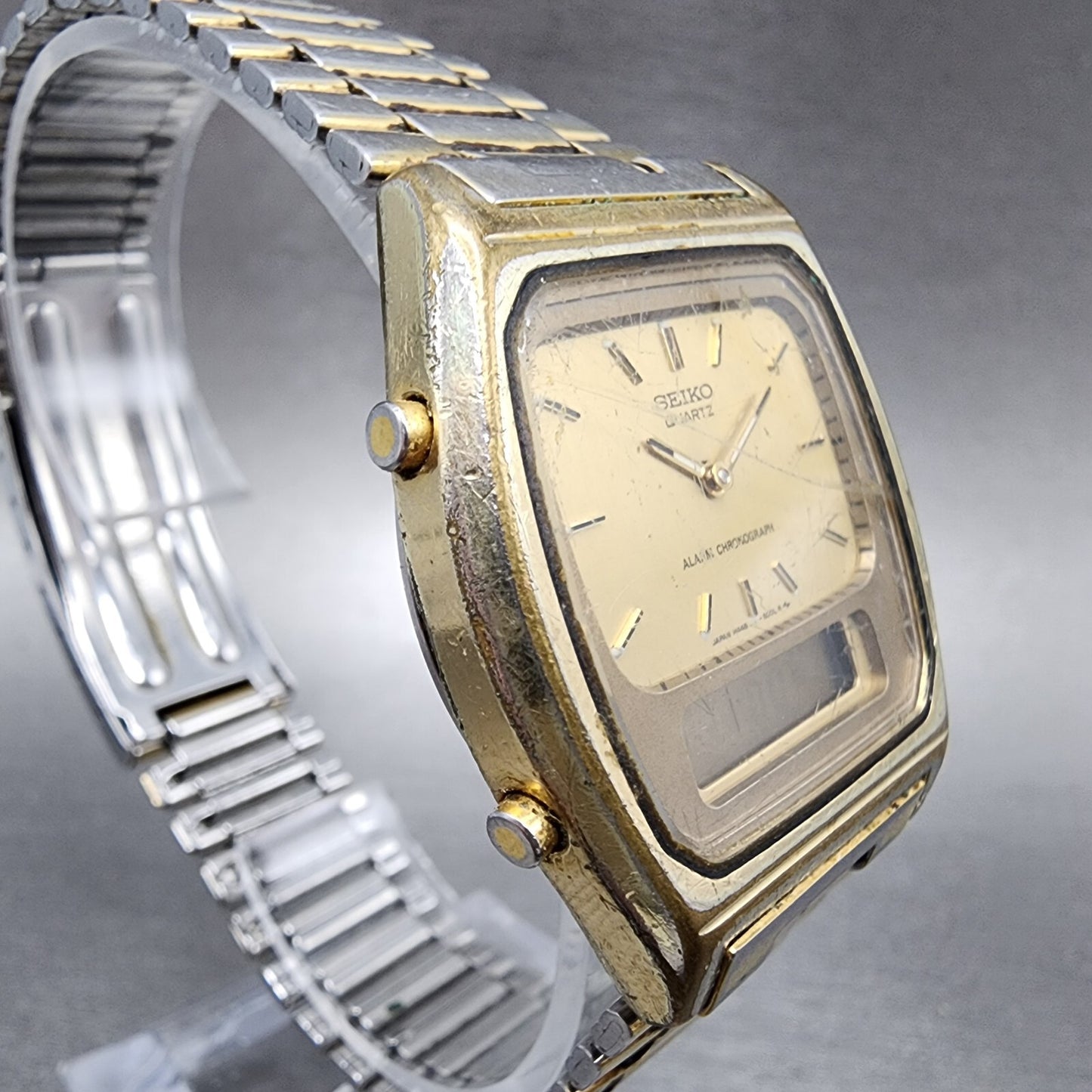 Seiko Analog Digital Watch men 33mm Gold Dial Gold Tone H448-5009 PARTS