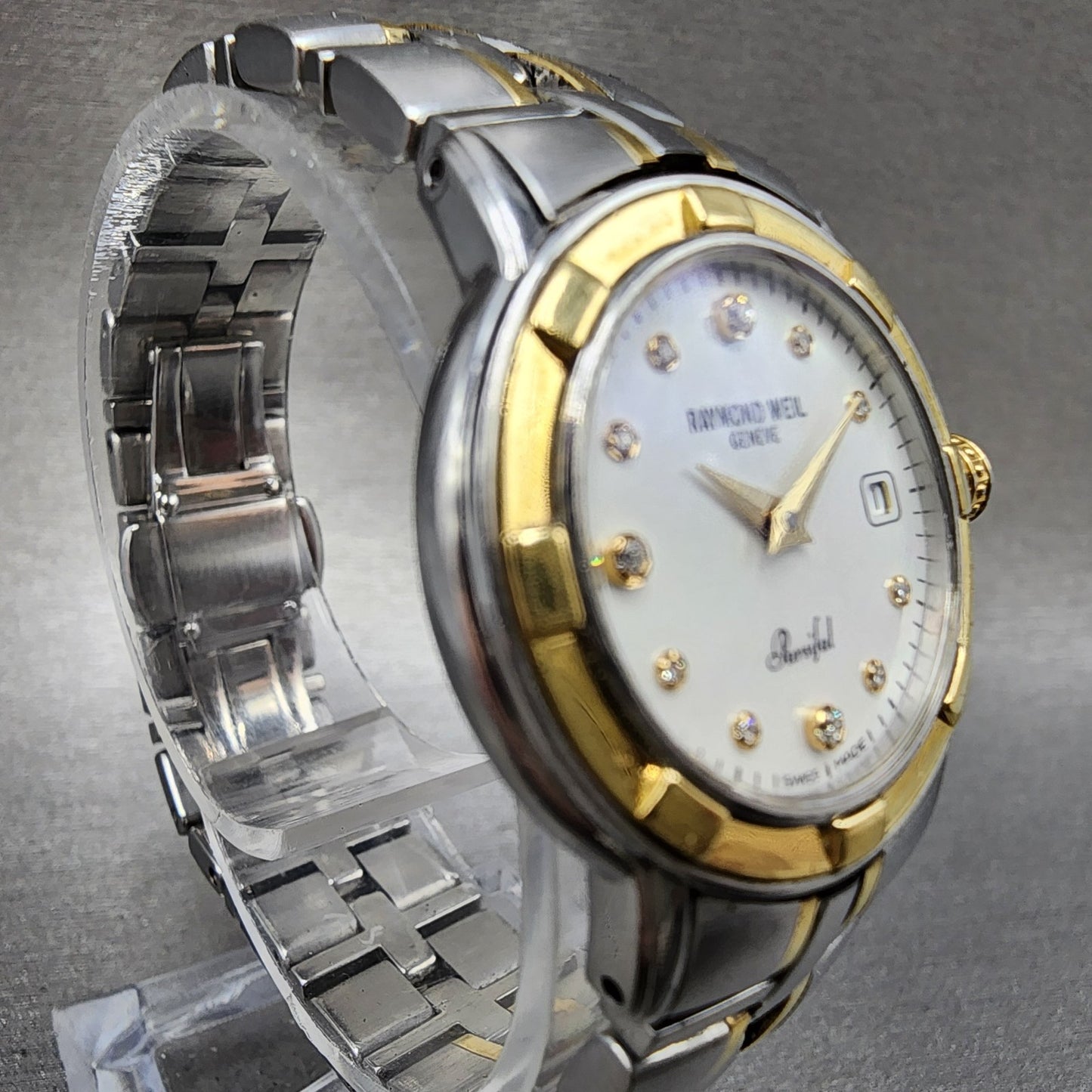 Raymond Weil Parsifal 27mm MOP Dial Two Tone Date Diamond Markers 9440 New Batt3