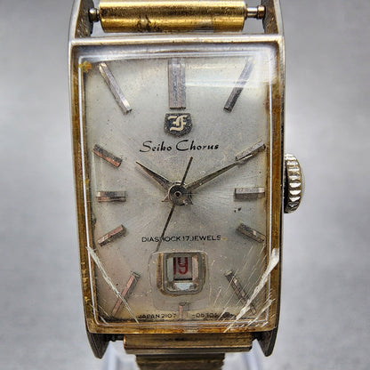 Seiko Chorus Tank Watch Women 17mm Silver Dial Gold Tone Date Manual 2107-3140