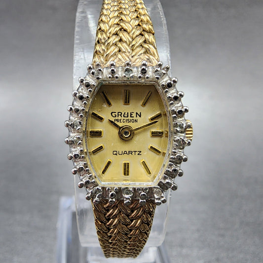 Gruen Precision Watch Women 14mm Gold Dial Gold Tone Diamond Bezel New Battery0