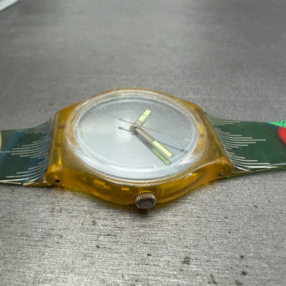 Swatch SnowWhite Watch Unisex 34mm Silver Dial Yellow Case READ!! New Batt GK1044
