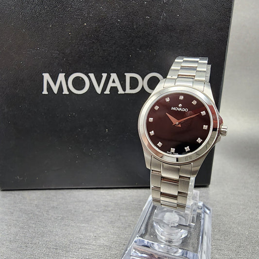 Movado Junior Sport Watch Women 26mm Black Dial Steel Round New Batt Full Set
