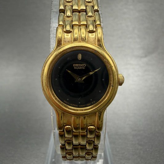 Seiko Watch Women 19mm Black Dial gold Tone Round V400-0538 New Battery Vintage0