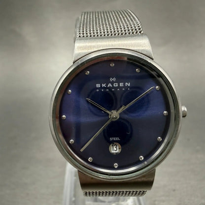 Skagen Watch Women 26mm Blue Dial Silver Tone Date Round 355SSSN New Battery0