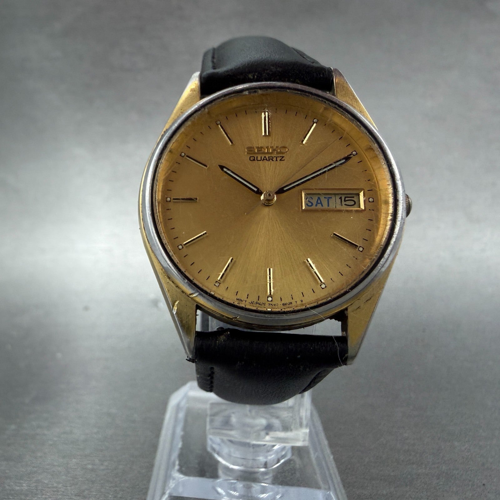 Seiko Watch Men 35mm Champagne Dial Gold Tone Daydate Round 7N43-7A59 NewBattery5
