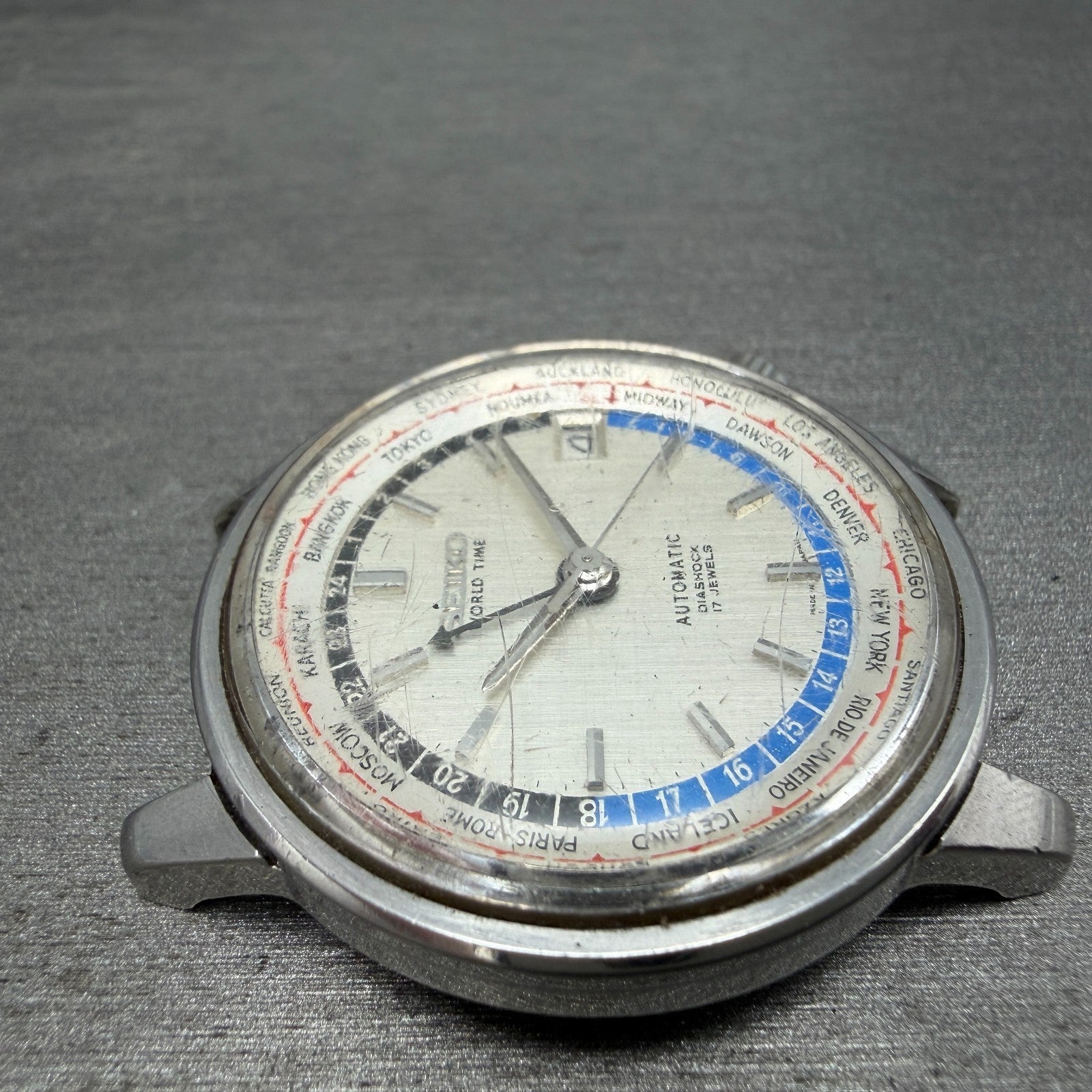 Seiko World Time Automatic Watch Men 38mm Silver Dial Steel 6217-7000 Date Runs3