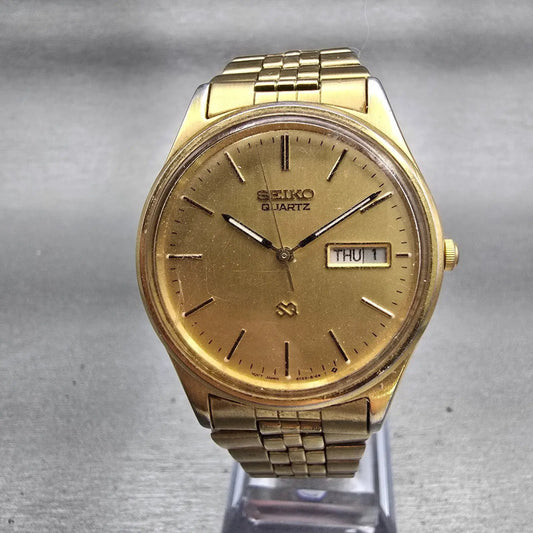 Seiko SQ Watch Men 35mm Gold Dial Gold Tone Daydate Round 5Y23-8049 New Battery0