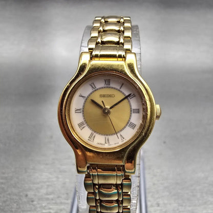 Seiko Watch Women 20mm Gold Dial Gold Tone Round 1N01 New Battery Vintage0