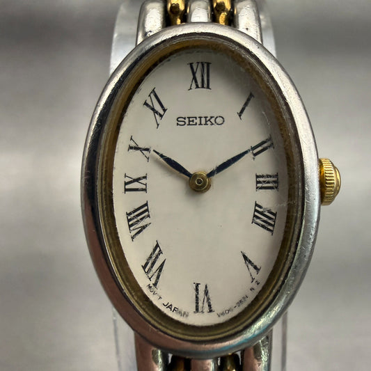 Seiko Watch Women 17mm White Dial Two Tone Oval V400-1029 Vintage New Battery1